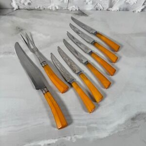 Westfield Stainless Carving Knife Fork 6 Steak Knives Set Butterscotch Bakelite